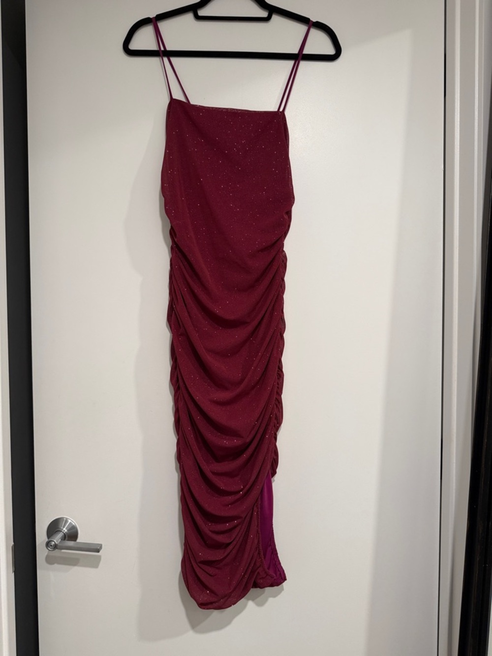 Ruched Sparkle Midi Dress in Wine Red